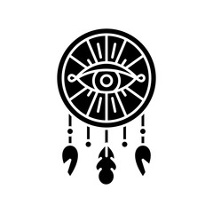 Boho style dreamcatcher with all seeing eye black glyph icon. Native American Indian mystic symbol. Ethnic handmade decor. Silhouette symbol on white space. Vector isolated illustration