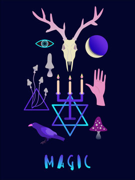Poster with magic items. Greeting card, invitation with symbols and elements of fortune telling and predictions. © Galina Trenina