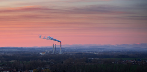 Sunset with power plant and mountains, Czech republic