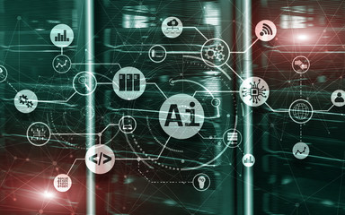 Artificial Intelligence. AI. Infographic illustration on fantastic computer center.