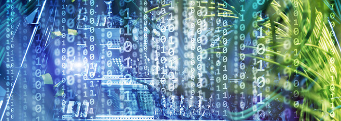 Matrix Futuristic theme multiple exposure binary numbers. Data center Website Banner.