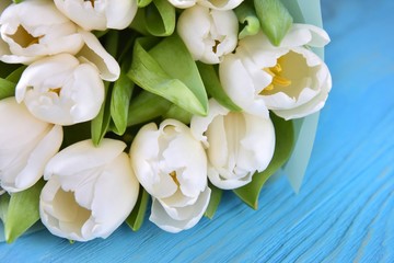 Obraz na płótnie Canvas Bouquet of elegant white tulips on blue wooden background. Beautiful bunch of tender spring flowers. Easter gift. Springtime. Greeting card for womans day