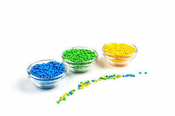 Polymeric dye. Plastic pellets. Colorant for plastics. Pigment in the granules.