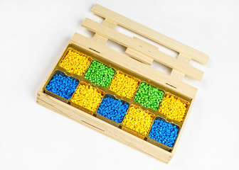 Polymeric dye. Plastic pellets. Colorant for plastics. Pigment in the granules.