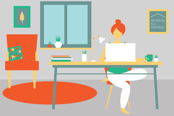 Remote work concept. Girl works at the computer at home. Modern flat design concept of fitness. Bright vector illustration.