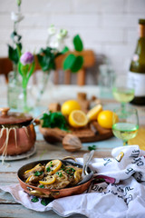 Pork picatta in copper bowl. style rustic