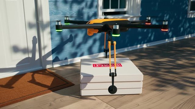 Hexacopter drone delivering ordered pizza directly to the door. Render 4k