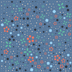 Cute ditsy floral seamless pattern with geometric elements.