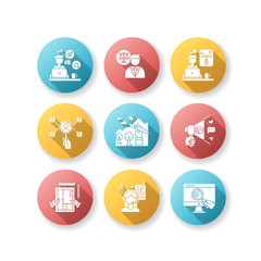 Remote jobs flat design long shadow glyph icons set. Design, transcription and HR management, web research. Illustrator and social media coordinator. Silhouette RGB color illustration