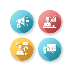 Freelance professions flat design long shadow glyph icons set. Marketologist and social media coordinator, game developer and online tutor. Business and education. Silhouette RGB color illustration