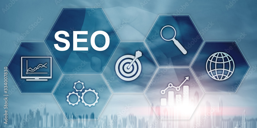 Poster searching engine optimizing seo on abstract business background. mixed media.