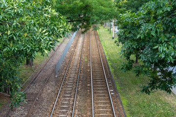 Tram tracks in the city. View from above