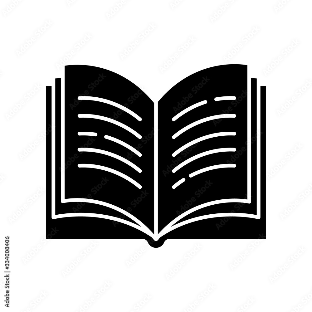 Poster open book black glyph icon. dictionary page. write university paper. notebook and textbook. student'