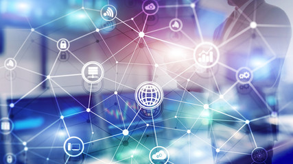 ICT - information and telecommunication technology and IOT - internet of things concepts. Diagrams with icons on server room backgrounds.