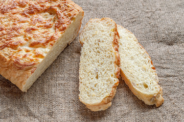 home baked corn bread with cheese crust close up