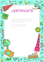 Border with doodle montessori materials for photo, certificate, banner, acknowledgment, announcement. Frame with school osfor kindergarden, preschool, 3-6 eyars children. Frame vector template 