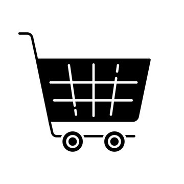 Shopping Cart Black Glyph Icon. Supermarket Trolley. Online Purchase. Convenience Store Basket. Buy Product In Mall. Grocery Checkout. Silhouette Symbol On White Space. Vector Isolated Illustration