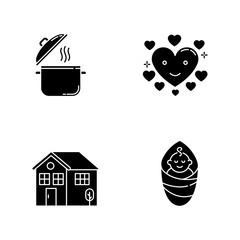 Fototapeta premium Lifestyle black glyph icons set on white space. Cooking pot. Food recipe. Saucepan with steam. Affectionate love. Baby son. Housekeeping, family care. Silhouette symbols. Vector isolated illustrations