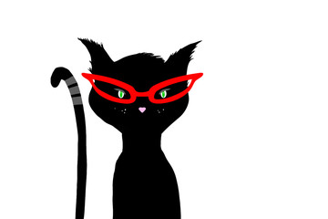 Cute black cat design wearing red glasses, funny animal character of hand drawn pussy cat with personality and attitude in fun humorous illustration isolated on white background, halloween cat
