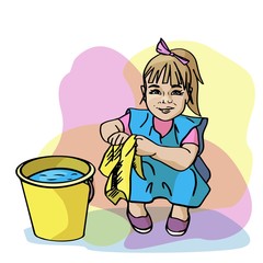 girl washes the floor with the rag in Montessori school
