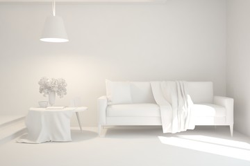 White minimalist living room with sofa. Scandinavian interior design. 3D illustration