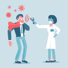 Symbol of coronavirus infection, corona virus detection. Doctor in protective mask measures the temperature of man in a suit. COVID-19 measure fever to virus infected person. viruses pandemic outbreak