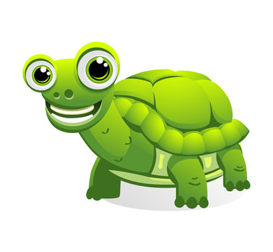 Vector drawing of a funny green tortoise with a big smile isolated on white.