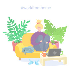 Obraz na płótnie Canvas Illustrations concept coronavirus COVID-19 Work from home. Girl working from home with her pet. The company allows employees to work from home to avoid viruses. Technology 2 -Home Office - vector