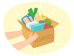 Food donation box vector with different food in it. Hands giving box. Charity card-box with food. Delivery of the product during quarantine.Food delivery. Card-box from a supermarket with groceries