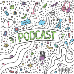Microbiology doodle with bacto, viruses, computer, microphone, headphones, lettering. Online education concept Coronavirus outbreak and coronaviruses influenza. Biology bacteria, viruses podcast
