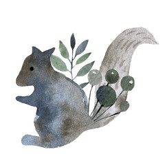 Cute forest icons. Scandinavian watercolor symbols. Woodland decoration illustration. Forest wildlife set graphics.