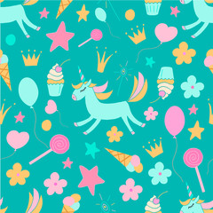 unicorn, flowers, balls, sweets on a blue background