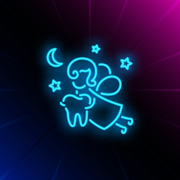 Tooth fairy neon sign. Luminous signboard with fantasy figure holding tooth. Night bright advertisement. Vector illustration in neon style for fairytale, dentistry, stomatology