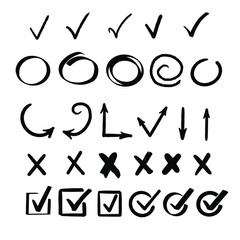 Hand drawn check signs. Mark for list items. Vector checklist marks icon set. 
