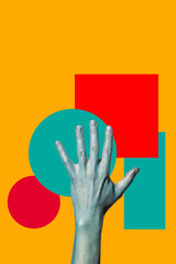 Hand of turquoise color on a yellow background with circles and squares. Collage art.