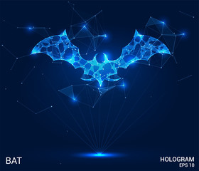 A hologram of a bat. A bat made of polygons, triangles of points, and lines. The bat is a low-poly compound structure. The technology concept.
