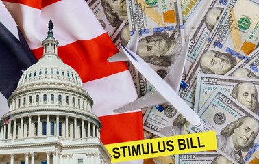 Senate stimulus deal financial assistance to air carriers economic stimulus plan US 100 dollar bills currency on American flag Global pandemic Covid 19 lockdown