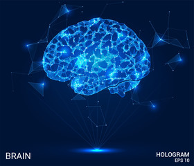 The hologram of the brain. The brain consists of polygons, triangles of points and lines. The brain is a low-poly compound structure. The technology concept.