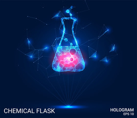 A hologram of a chemical flask. Chemical equipment consisting of polygons, triangles of points and lines. The flask is a low-poly compound structure. The technology concept.