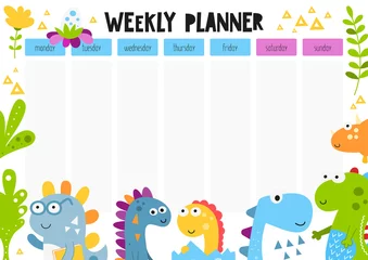Fotobehang Weekly planner with funny dinosaurs and dinos baby in doodle cartoon style. Kids schedule design template. Vector illustration. © Nursery Art