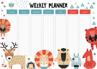 Weekly planner with cute forest animals in scandinavian cartoon style. Kids schedule design template. Vector illustration.