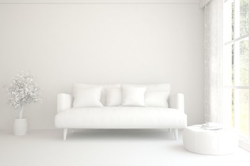 White minimalist living room with sofa. Scandinavian interior design. 3D illustration