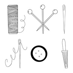 A set of sewing accessories in Doodle style.Outline drawing with a line.Needles, thread, pins.Coloring of sewing accessories.Women s hobby.Vector illustration.