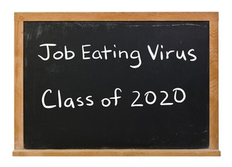 Obraz premium Job eating virus class of 2020 written in white chalk on a black chalkboard isolated on white