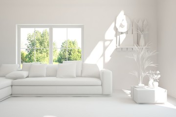 White minimalist living room with sofa. Scandinavian interior design. 3D illustration