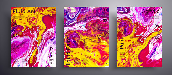 Abstract acrylic placard, fluid art vector texture pack. Trendy background that can be used for design cover, poster, brochure and etc. Yellow, purple, pink and white creative iridescent artwork