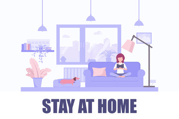 Stay at home flat vector illustration. Young woman reading book on the couch. Coronavirus outbreak social media campaign, self isolation.