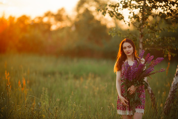beautiful girl in a lupine field. Girl holding a bouquet of lupines