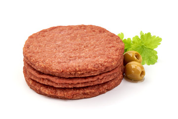 Raw burger cutlets, ingredients for hamburger, isolated on white background