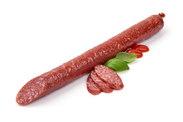 Dry-cured pork Sausage, smoked meat, isolated on white background